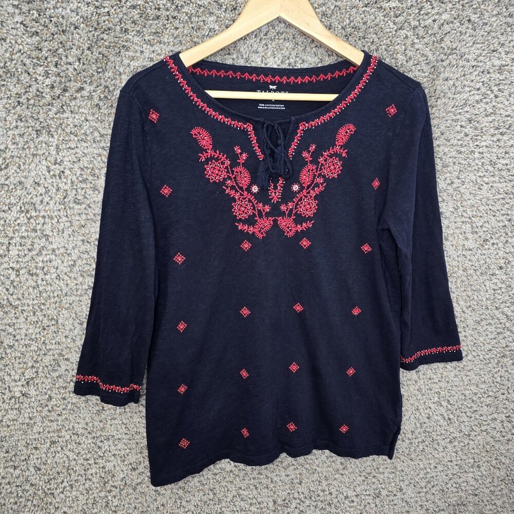 Talbots Top Womens Medium Navy Blue Embroidered Neck Tie Cotton Tee‎ Casual